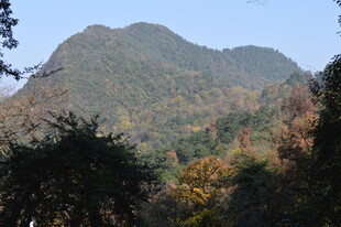秋日山林间的巍峨山峰