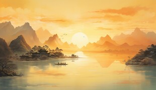 日出山水间的壮美景色