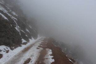 雪雾中的蜿蜒山路