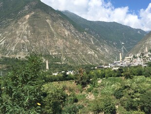 山间绿意盎然的村落景观