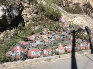 山坡上色彩斑斓的涂鸦石块