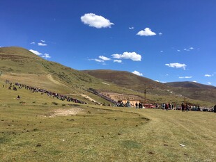 草原上的人群与蓝天白云