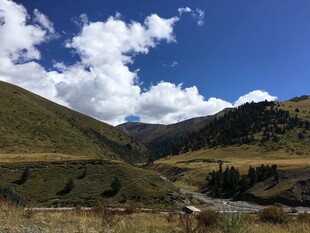 山间美景 蓝天白云映绿野
