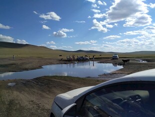 草原湖畔的车辆与风景