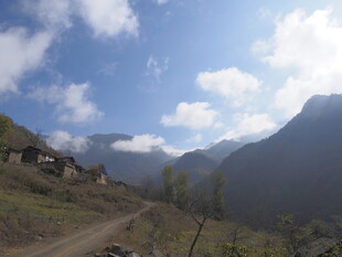 山间土路旁的宁静村落