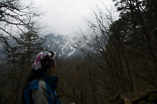 徒步者眺望山林雪景