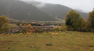 山间草地村落秋日景象