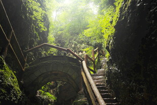 山林间的石梯与拱形石桥