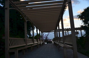 黄昏下的木质长廊景观