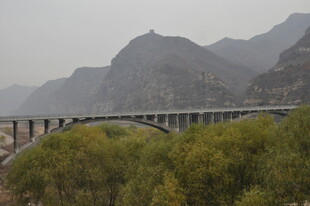 山间桥梁穿越葱郁植被