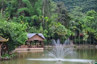 湖畔凉亭喷泉 山林美景