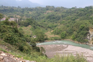 山间河流与葱郁植被景观