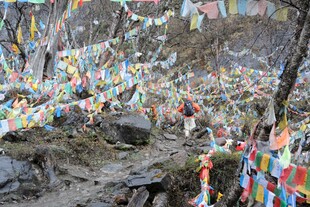 山间五彩经幡随风飘动