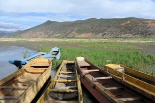 湖畔停泊的古朴木船