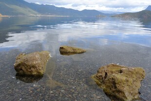 宁静湖畔的水中岩石