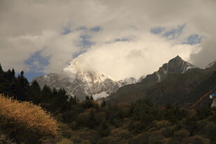雪山云雾下的山林美景