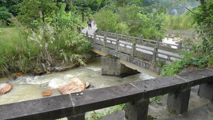 山间木桥横跨潺潺溪流