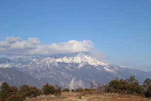 雪山远景 山间绿意点缀