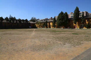 空旷场地旁的建筑与树木