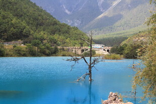 梦幻蓝湖伴山间孤树