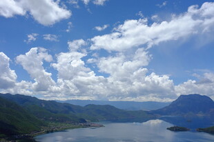 美丽湖景与蓝天白云山峦