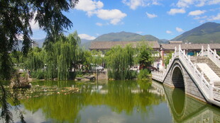 中式园林石桥绿水美景