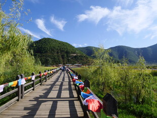 山间栈道彩旗飘扬美景