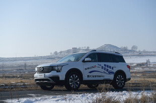 雪地中停放的蓝白花纹SUV