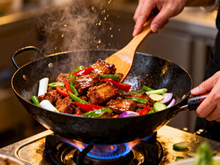 大厨锅中翻炒美味菜肴
