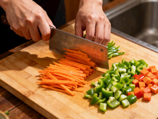 双手切配多彩新鲜蔬菜