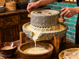 传统石磨磨制新鲜豆浆