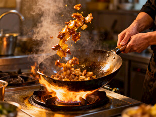 厨师旺火颠锅烹饪美食