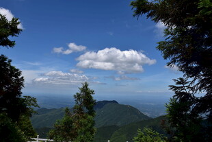 山间远眺蓝天绿树云海