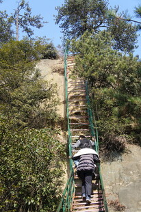 游客攀登山间木质栈道