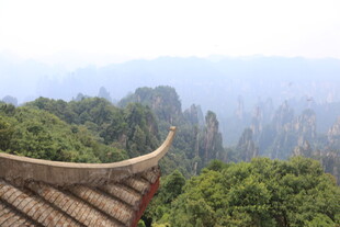 中式屋檐下的山林景致