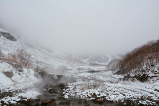 冬日雪景中的潺潺溪流