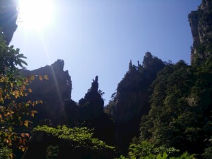 阳光照耀下的峻峭山林