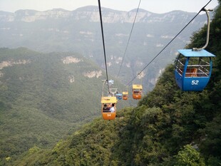 山间缆车穿梭于翠绿山林