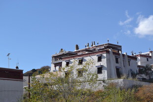 藏式建筑于蓝天绿树间