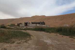 沙漠中的土路与远处建筑