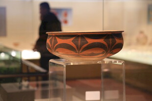 古代彩陶盆展示于展柜中