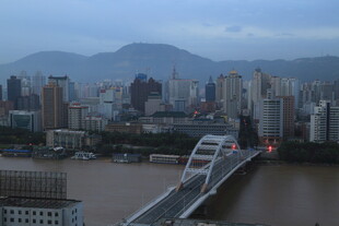 城市江景中的桥梁与远山