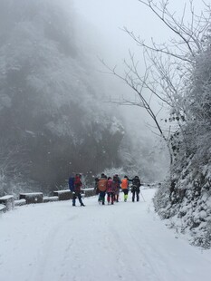 雪天山路的徒步旅行者