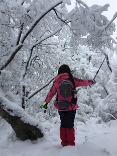 女子雪地徒步赏景