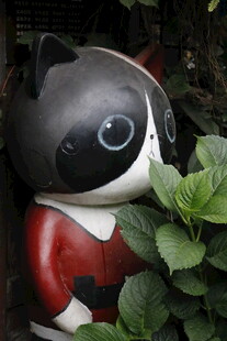黑猫人偶置身绿植间