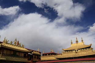 藏式金顶建筑 蓝天白云下