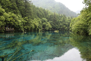 梦幻蓝绿色的静谧山林湖泊