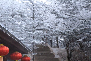 雪中山景与红灯笼相映