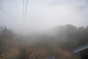 雾中缆车穿行山间景色