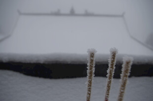雪覆庙宇前的三根香